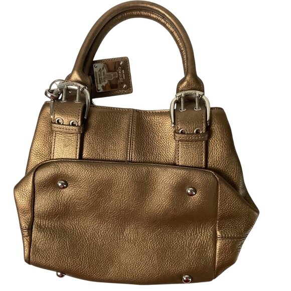Tignanello Metallic Gold Bronze Leather Satchel Bag Chain-Print Lining - Picture 4 of 9